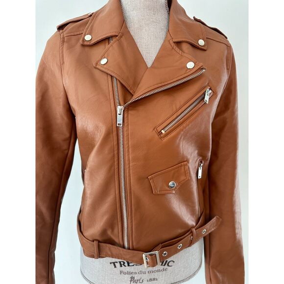 Love Tree Caramel Brown Vegan Leather Moto Biker Jacket size Large - Picture 5 of 9